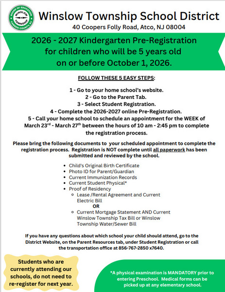 Winslow Twp. School District - PK & K Pre-Registration is Now Open!